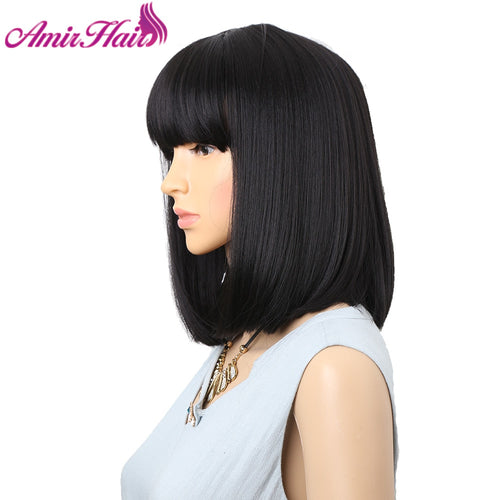 Amir Straight Black Synthetic Wigs With Bangs For Women Medium Length Hair Bob Wig Heat Resistant bobo Hairstyle Cosplay wigs