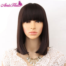 Load image into Gallery viewer, Amir Straight Black Synthetic Wigs With Bangs For Women Medium Length Hair Bob Wig Heat Resistant bobo Hairstyle Cosplay wigs