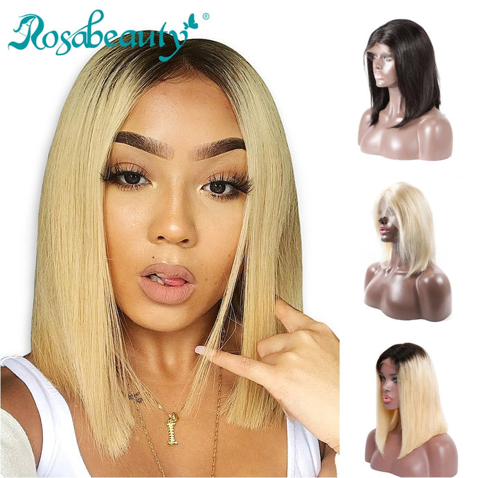 RosaBeauty 1B 613 Ombre Blonde Lace Front Human Hair Wigs For Black Women Brazilian Short Bob Straight Frontal Wigs pre plucked